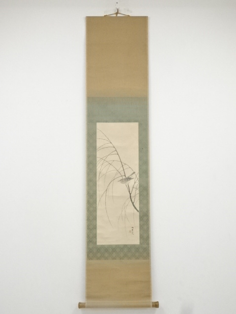 JAPANESE HANGING SCROLL / HAND PAINTED / WILLOW & BUSH WARBLER